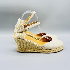 J Crew Sandals Womens 9.5 Beige Canvas Espadrille Wedge Closed Toe Ankle Strap